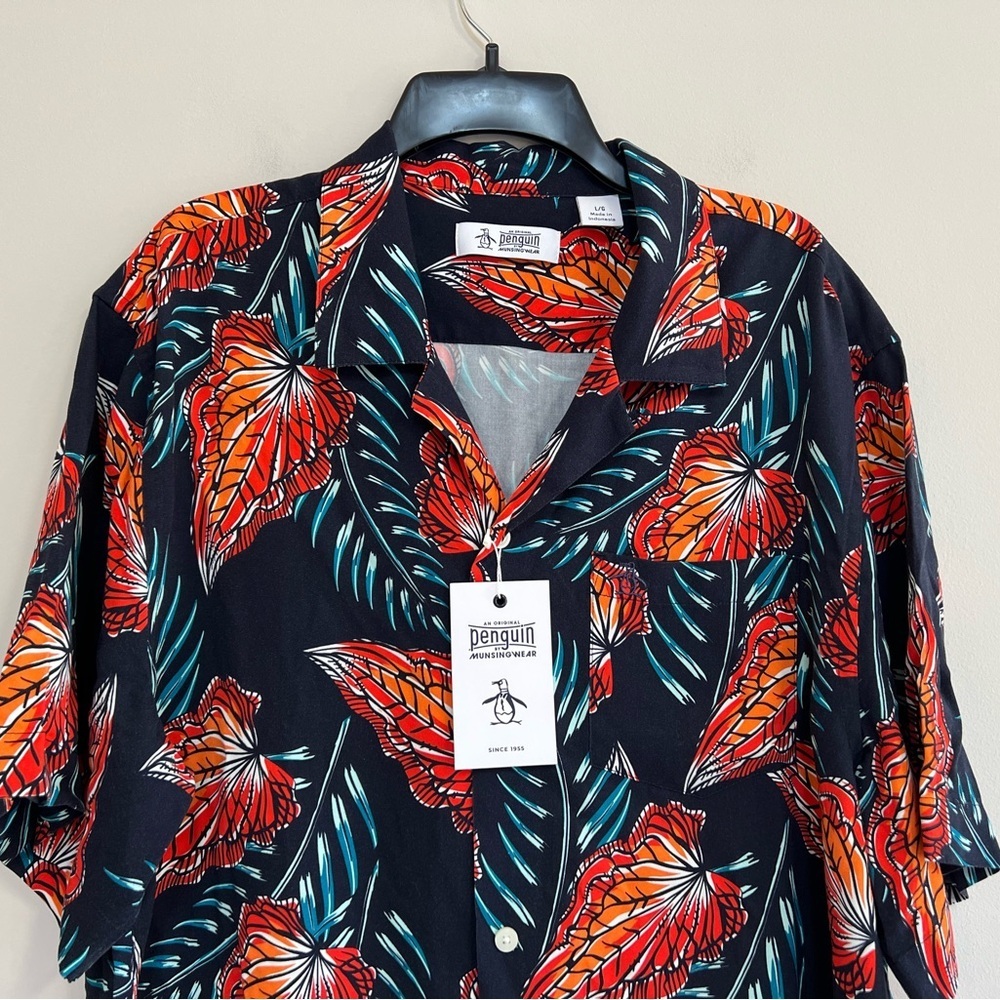 Original Penguin NWT Leaves Short Sleeve Button Down Slim Fit Camp Shirt, L - Picture 4 of 11